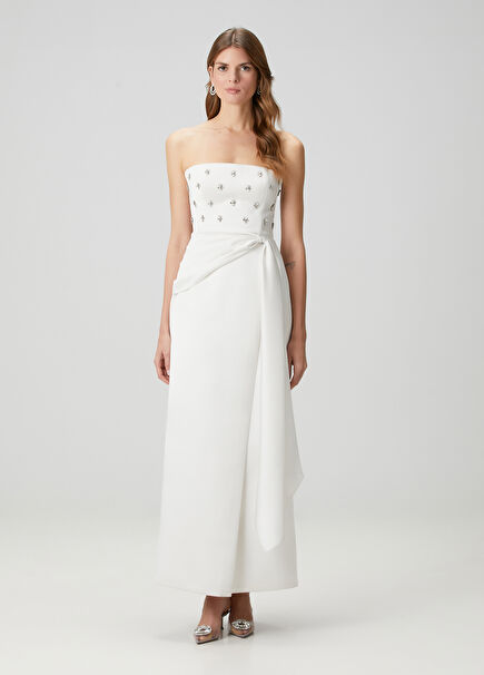 Stone Embroidered White Strapless Women's Long Evening Dress