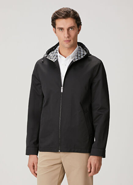 Black Hooded Plaid Coat