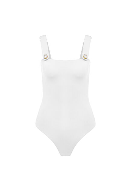 White Real Pearl Women's Swimsuit with Button Straps