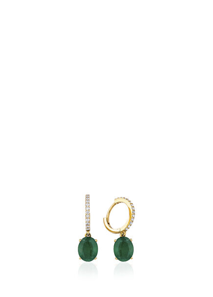 Oval Kesim Zümrüt Pırlanta Taşlı 18 Ayar Yeşil Altın Kadın Küpe