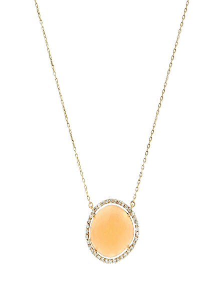 Moonstone Yuvarlak Pırlantalı Kadın Altın Kolye