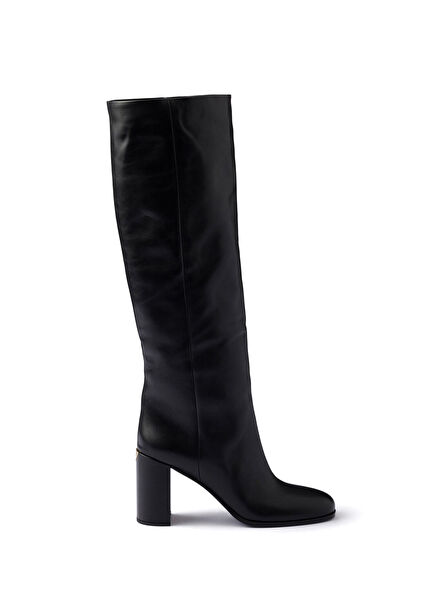 Siyah Deri Kadın Topuklu Çizme