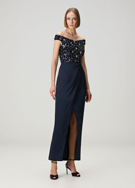 Navy Blue Embellished Maxi Evening Dress