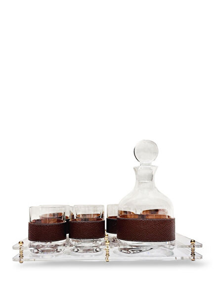 Glass Whiskey Set with Tan Leather Belted