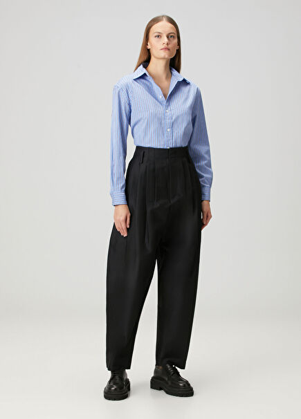 Regular Fit Black Pleated Wool Trousers