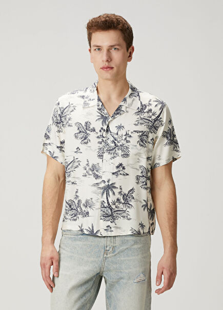 Slony Beyaz Manzara Desenli Kısa Kollu Gömlek