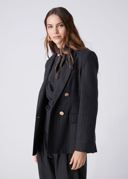 Anthracite Striped Double-Breasted Wool Blazer