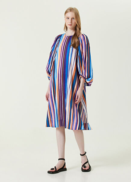 Mavi Mor Çizgili Midi Elbise