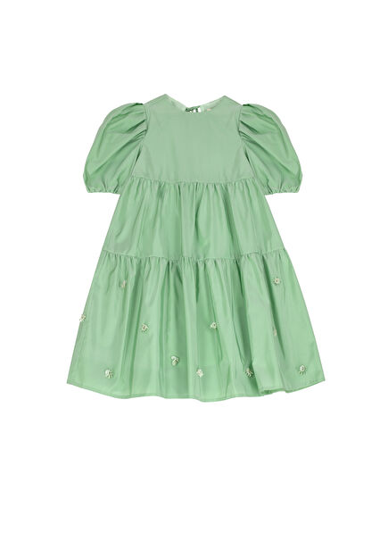 Miss Joy Girls' Dress with Green Taffeta Embroidered Detail
