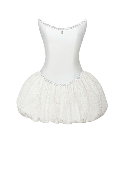 Denizada Dantelli İnci Saten Kadın Abiye Elbise