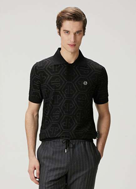 Black Logo Jacquard Silk Polo Sweater
