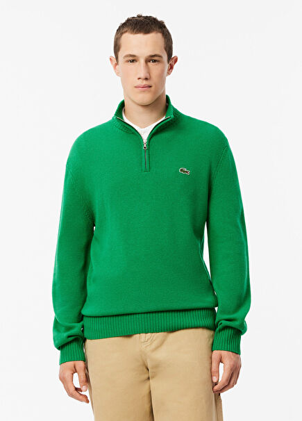 Yeşil Yün Yarım Fermuarlı Classic Fit Erkek Kazak