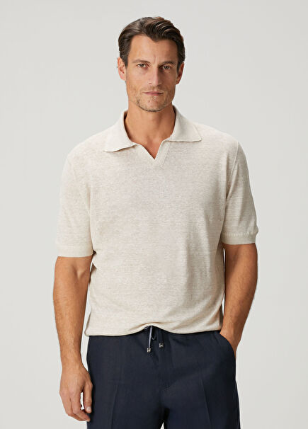 Bej Polo Yaka Kısa Kollu Keten Triko