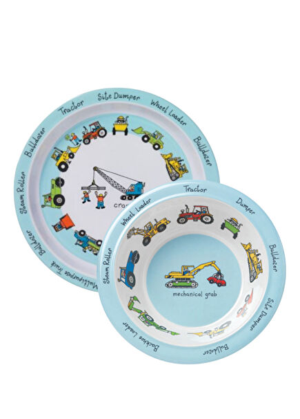 Trucks İş Makinaları Desenli Melamin Mama Tabağı ve Mama Kasesi