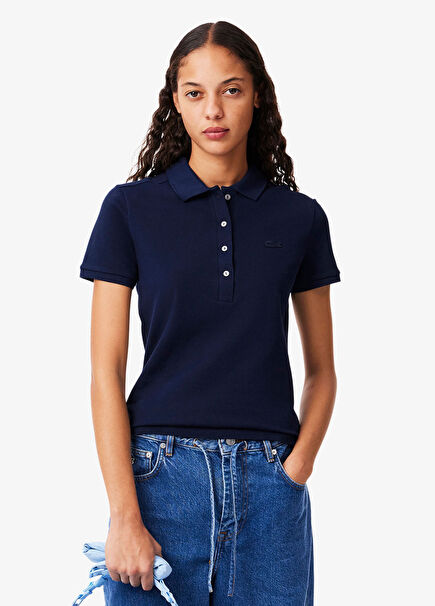 Lacivert Polo Yaka Slim Fit Kısa Kollu Kadın T-Shirt