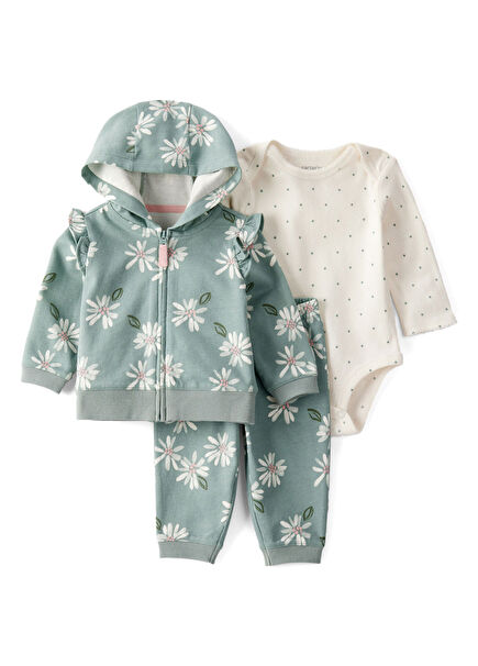 Mint Yeşili Kapüşonlu Hırka Pantolon ve Çıtçıtlı Body Kız Bebek 3'lü Set
