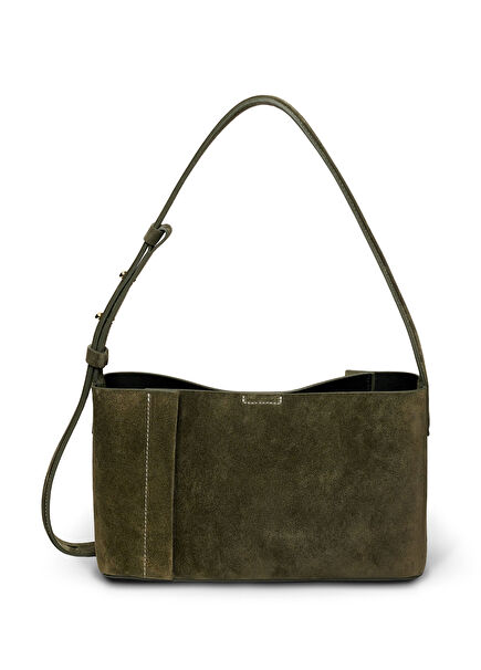 The Small Tote Plissé Khaki Suede Women's Shoulder Bag