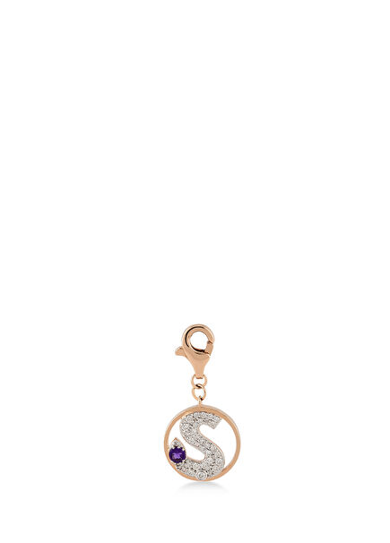 Mini “Ş” Harfli Charm Pırlanta Mor Ametist Taşlı 14 Ayar Pembe Altın