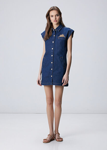 Koyu Indigo Mavi Patch Detaylı Mini Denim Elbise