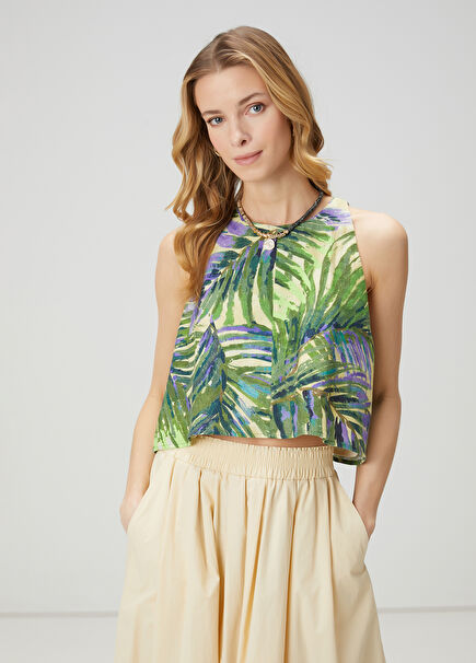 Green Palm Print Linen Top