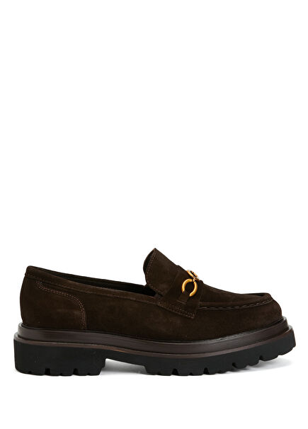 Brown Chain Detail Women's Suede Loafers