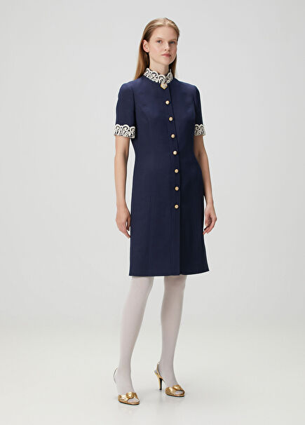 Navy Blue Lace Detailed Midi Wool Dress