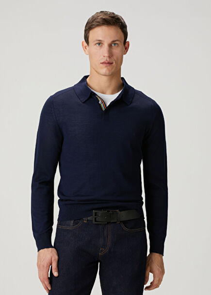 Navy Blue Short Sleeve Merino Polo Sweater