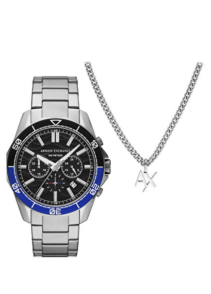 AX7166SET Metalik Gri Çelik Erkek Kolye ve Kol Saati