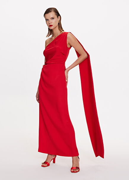 Belle Red One Shoulder Embroidered Women's Long Evening Dress