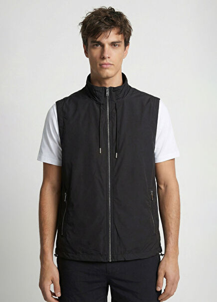 Black High Collar Casual Vest