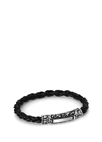 Black Textured Men's Silver Bracelet
