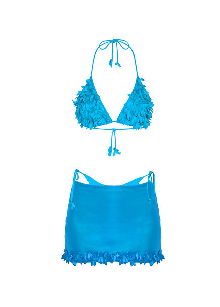 Flora Blue Triangle Halter Neck Women's Bikini Skirt Set