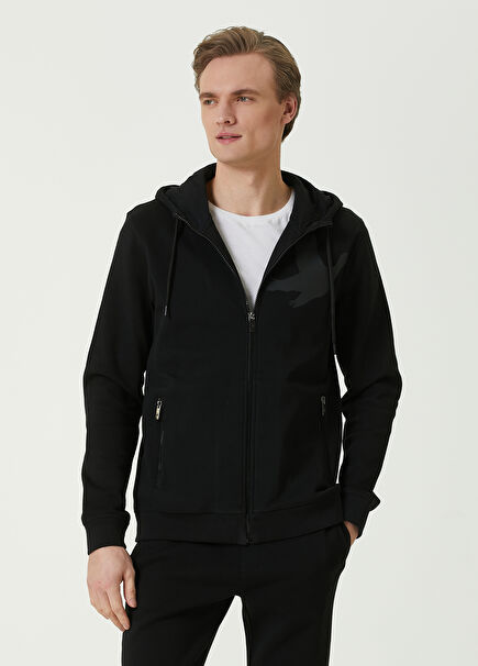 Siyah Kapüşonlu Kaz Baskılı Sweatshirt