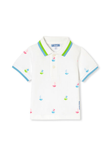 White Printed Polo Neck Baby Boy T-Shirt