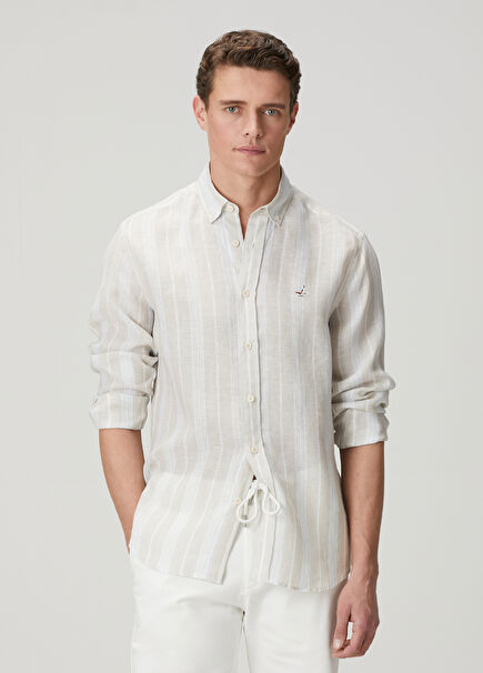 Comfort Fit Light Khaki Line Patterned Linen Shirt