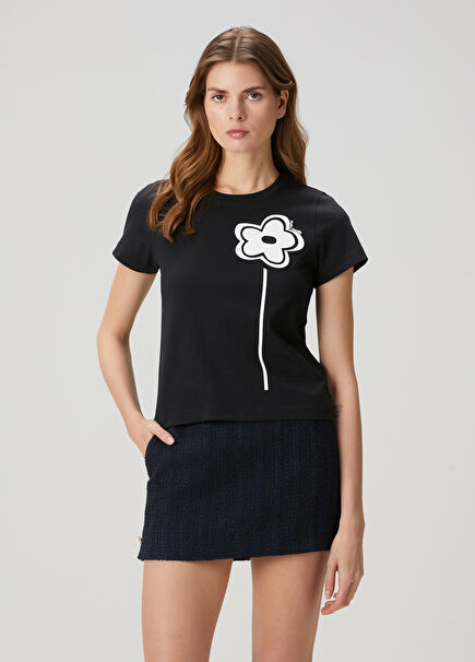 Slim Black Floral Printed T-Shirt