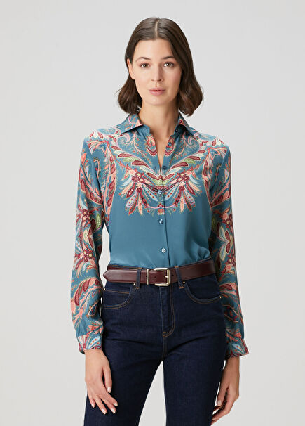 Mavi Şal Desenli İpek Gömlek