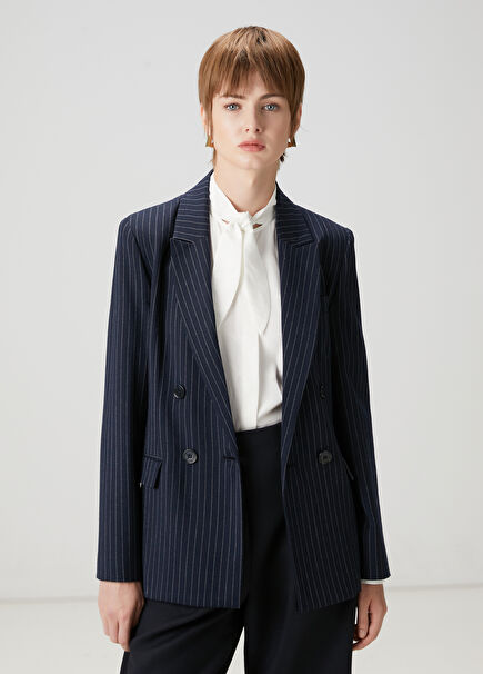 Navy Blue Striped Double-Breasted Jacket