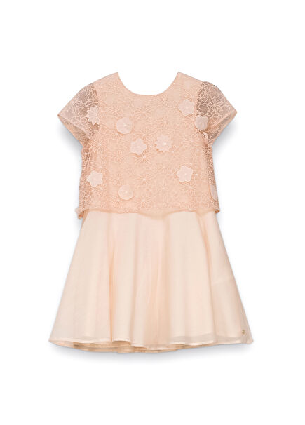 Ceremonie Somon Rengi Dantel Detaylı Kısa Kollu Kız Çocuk Elbise