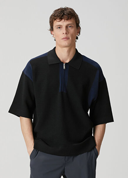 Siyah Polo Yaka Waffle Dokulu Kısa Kollu Triko