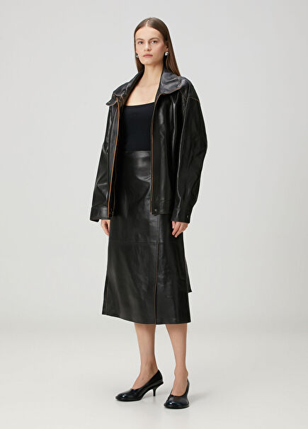 Black Midi Wrap Leather Skirt