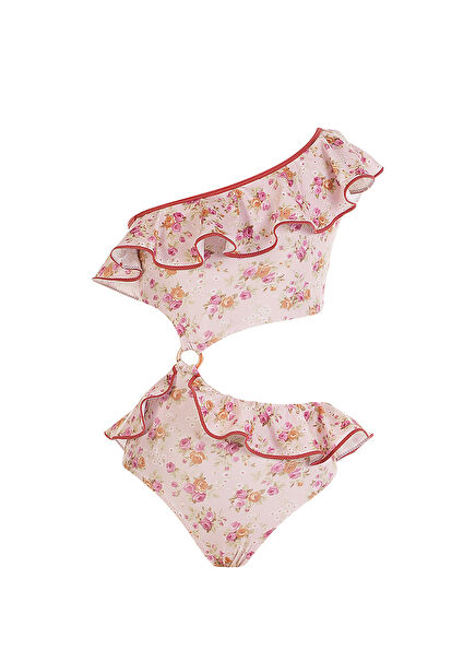 Floral Patterned One-Shoulder Flounced Cut-Out Ring Detailed Girls' Swimsuit