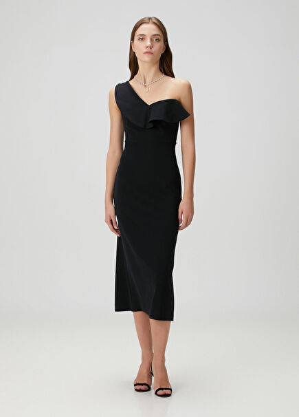 Siyah Tek Omuzlu Midi Kokteyl Elbise