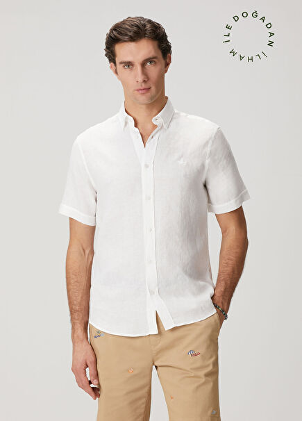 Comfort Fit Short Sleeve Linen Shirt İn White