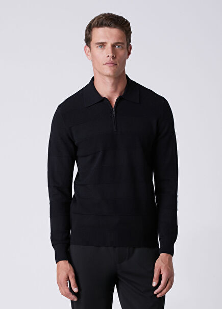 Black Polo Collar Horizontal Knit Block Sweater