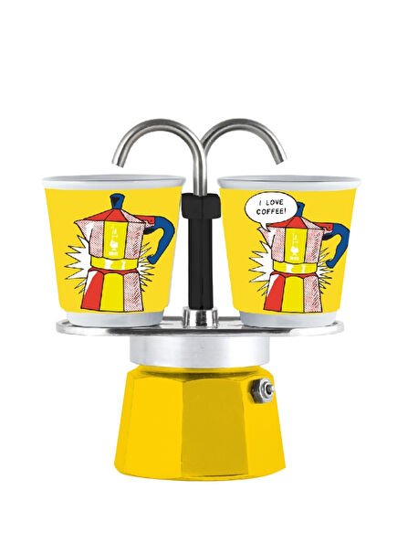 Mini Express Sarı Mokapot Lictenstein ve 2 Espresso Fincanı