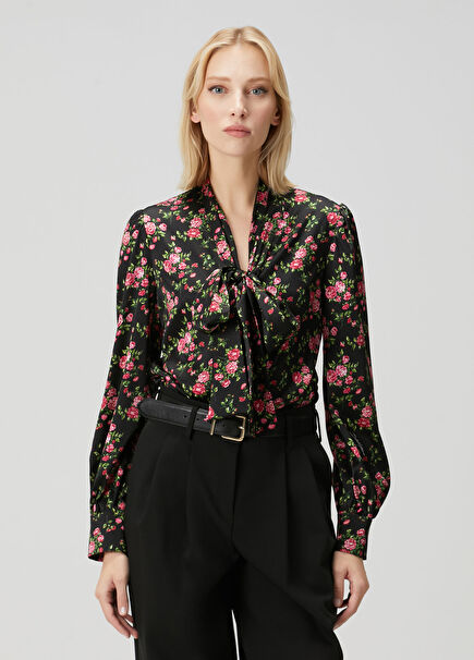 Black Floral Silk Satin Shirt