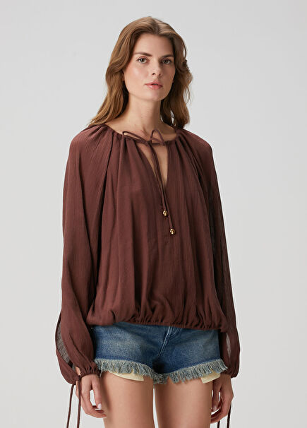 Kahverengi Büzgülü Bluz