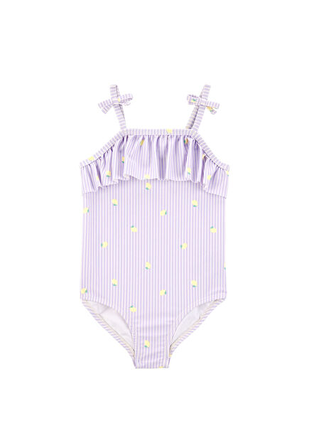 Çizgili Limon Desenli Fırfırlı Kız Çocuk Mayo