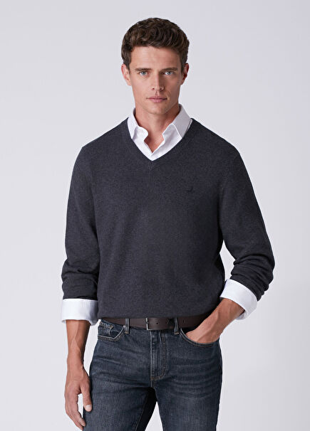 Anthracite V-Neck Cashmere Blend Basic Sweater